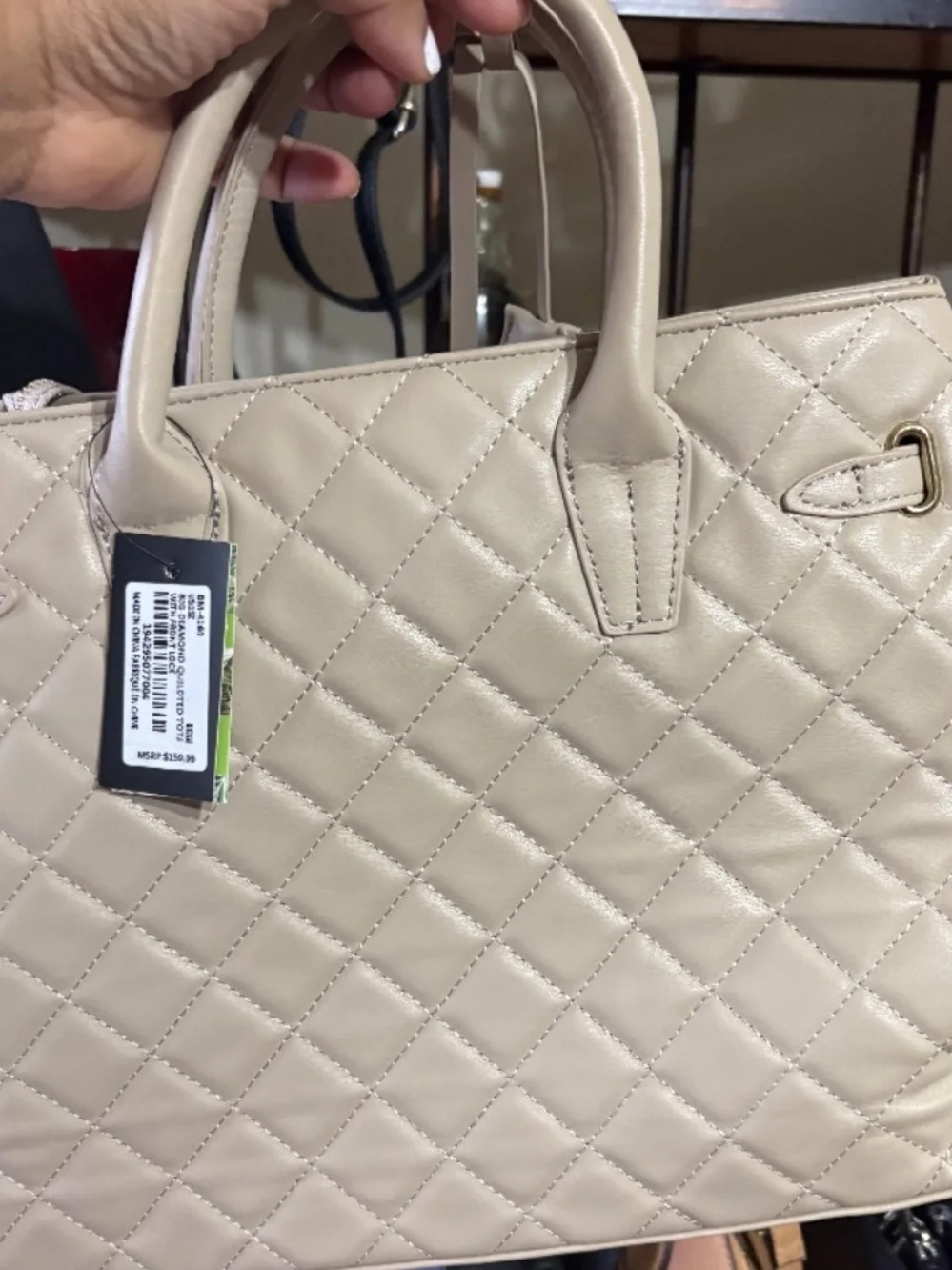 Badgley Mischka Quilted Cream Satchel with Gold Hardware